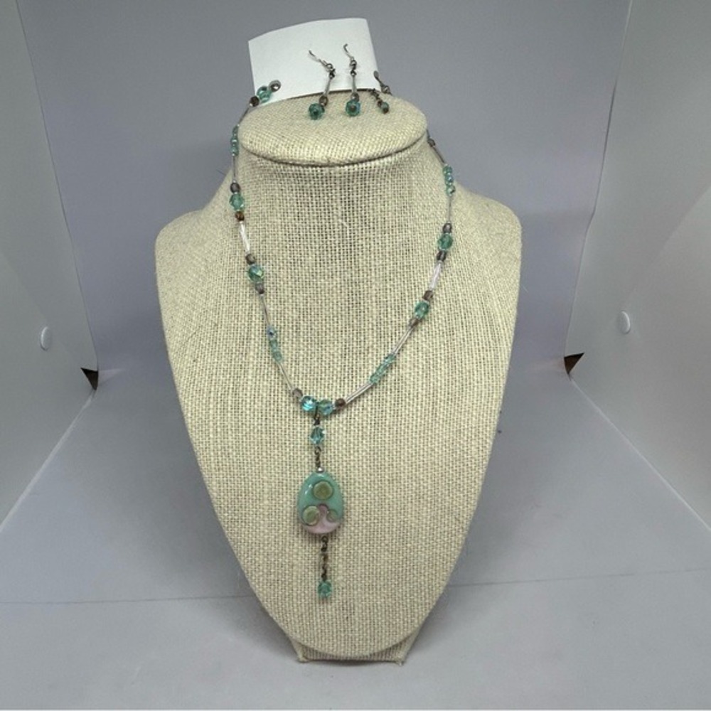 Vintage Glass Beaded Pastel Colors Necklace & Dangle Beaded Earrings Bohemian